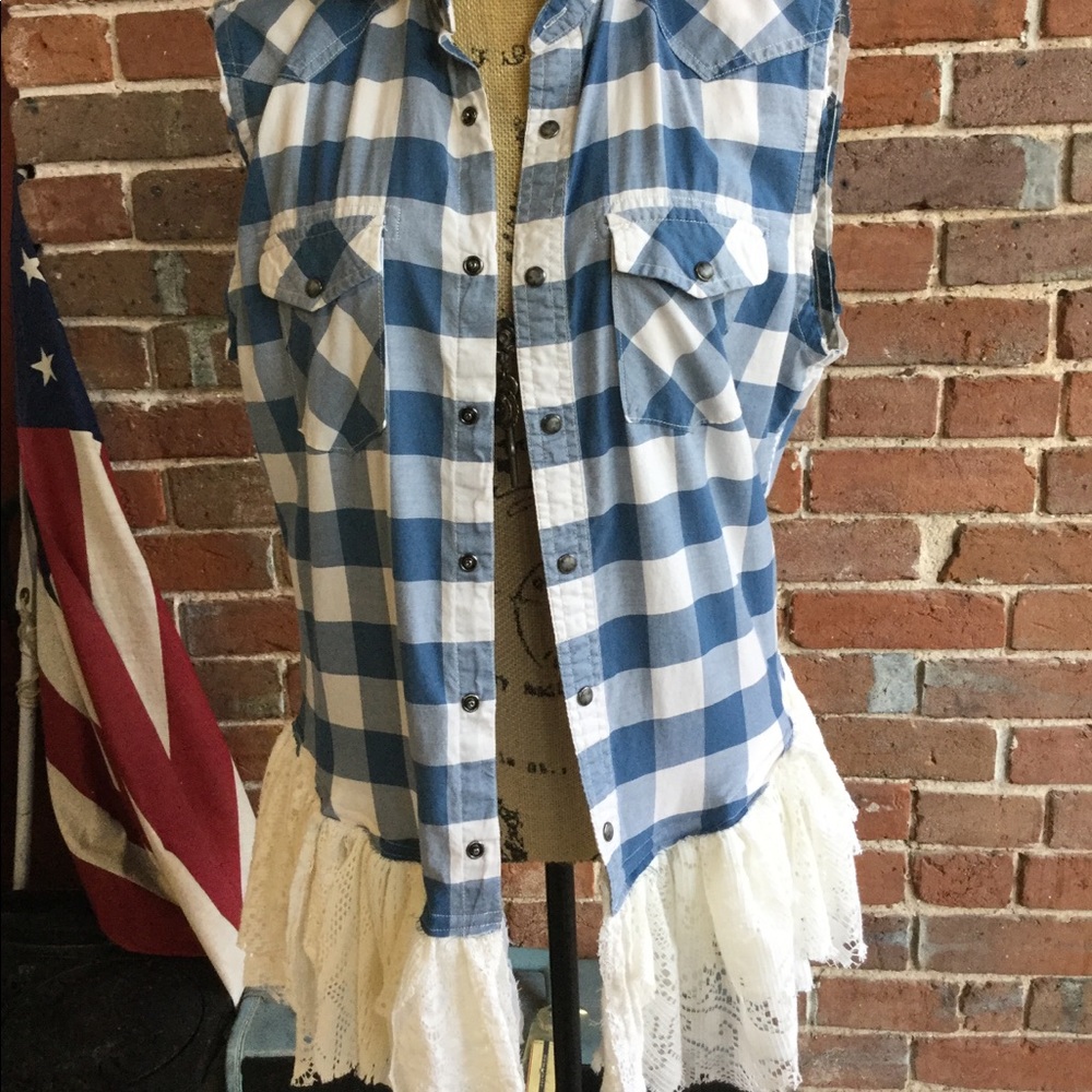 Blue buffalo plaid vest with tattered lace